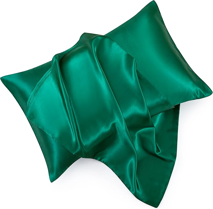 Blackish Green Satin Pillowcase Queen Size Set of 2 for Hair and Skin,Blackish Green Silk Pillowcase Breathable Pillowcase with Envelope Closure