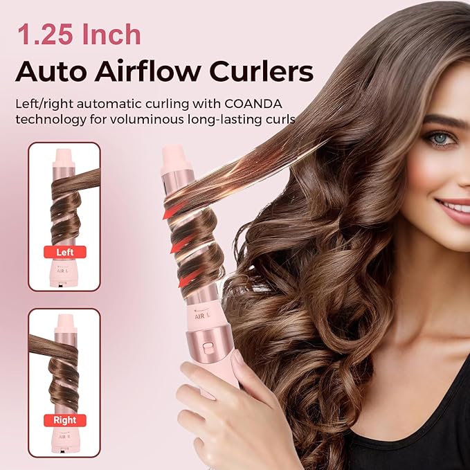 9-in-1 Multi Hair Styler | Air Styling & Drying System | Powerful Blow-Dry Brush | Heat Damage-Free | L/R Automatic Wrap Curlers, Oval Comb, Round Brush, Comb, Flat Nozzle & Storage Pouch