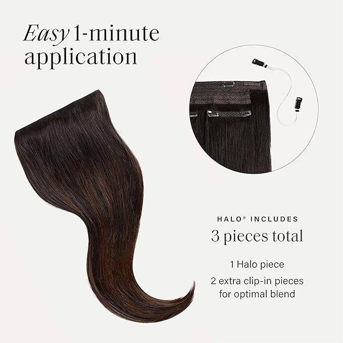 Luxy 100% Remy Human Hair – Halo Clip-In Hair Extensions –Natural Looking Volume & Length - One-Piece - Easy 5-Min Application 140 grams 16" Off Black Balayage