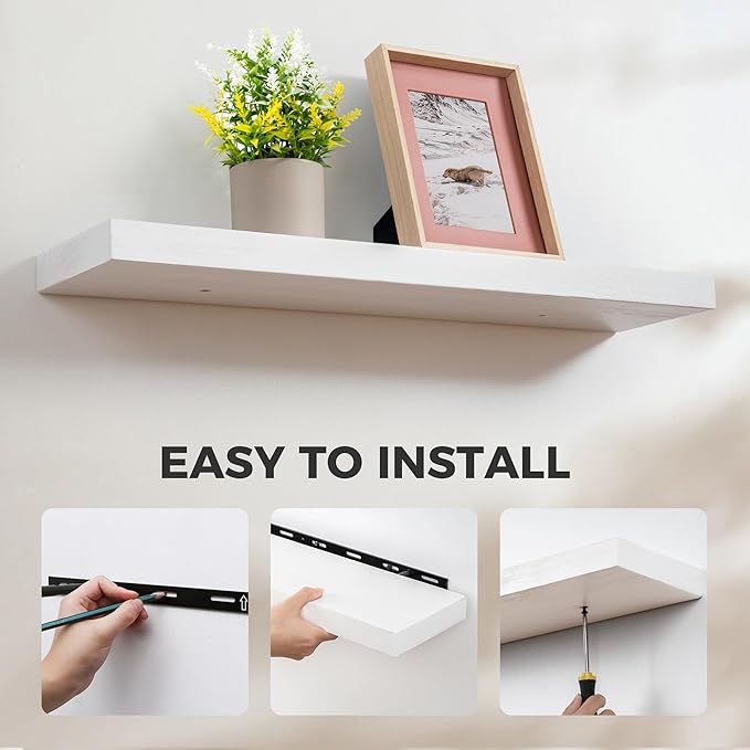 Fun Memories Handcrafted European Pine Floating Shelves - Natural Rustic Wooden Wall Shelf Set of 2-24 Inch Storage Shelf Display Shelf for Kitchen Bathroom Living Room Bedroom Farmhouse - White