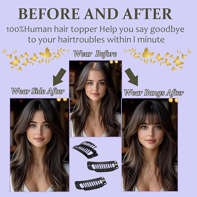 Hair Toppers for Women Real Human Hair, 360° 3D Human Hair Toppers for Women with Thinning Hair Upgrade Middle Part Clip in Bangs (P4/27(Big Coverage), 14 Inch-3D-Wispy)