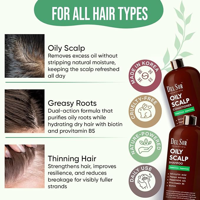 DEL SUR Clarifying Shampoo & Conditioner Set for Oily Scalp | 16 fl oz | with Camellia Japonica, Salicylic Acid, Papaya & Biotin | Oil Control for Oily Roots & Greasy Hair
