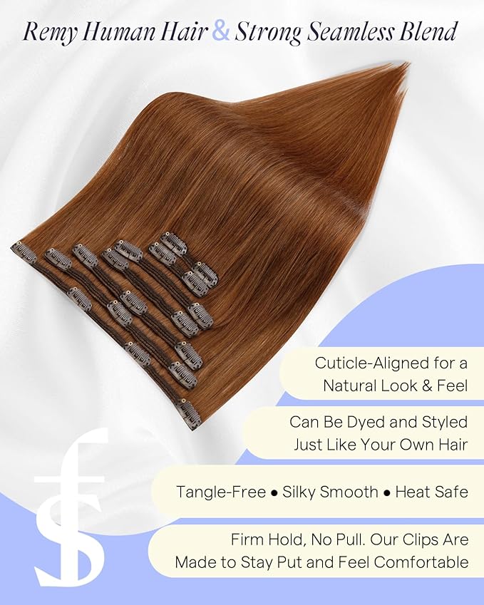 Full Shine Ginger Clip in Hair Extensions 20 Inch Ginger Human Hair Extensions Clip ins for Festivals for Volume for Highlights 150 G 7 Pcs