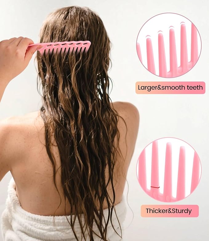6PCS Professional Hair Comb Set for Women & Men Rat Tail, Wide & Fine Tooth Combs for Curly Hair, Braiding, Barber Styling, Cutting & Parting (Pink)