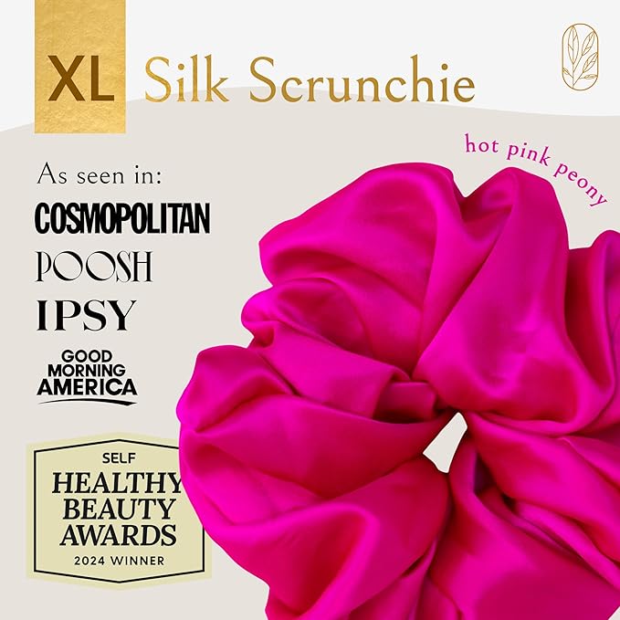 Silk Scrunchies for Ponytail Holders – Oversized Mulberry Silk Scrunchies – Extra Large No Damage Hair Ties for Curly, Thick, and Thin - Hair Accessories for Women – Hot Pink Peony, XL By Curlfriend