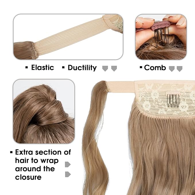 CJL HAIR 18" Long Ponytail Hair Extension Wrap Around Pony Tail Clip in Curly Wavy Synthetic Fake Hairpiece for Women Light Honet Blonde