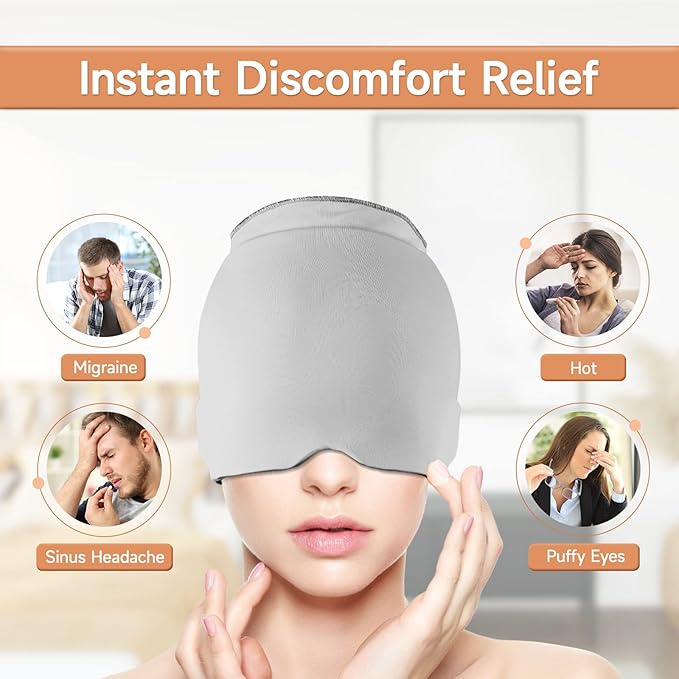 Headache Relief Hat Migraine Ice Head Wrap, Ice Packs for Injuries Reusable Migraine Relief Cap, Wearable Compressed Therapy Headache Relief Hat for Migraines Tension Sinus Fever Stress Relief(Gray)
