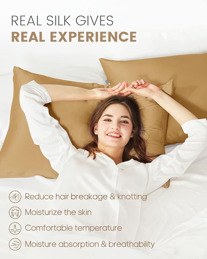 THXSILK Set of 2 100% Mulberry Silk Pillowcase for Hair and Skin Health, Natural Mulberry Silk Soft and Smooth Pillowcases with Hidden Zipper, Grade 6A+ Silk (Standard 20"x26", Metallic Gold)