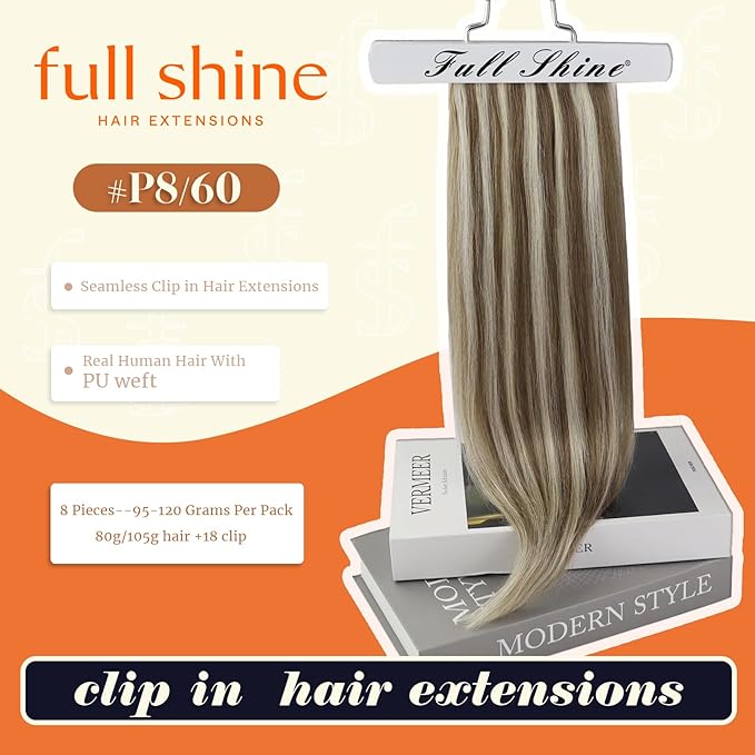 Full Shine Blonde Highlights Clip in Extensions Seamless Human Hair Clip ins Light Brown with Platinum Blonde Extensions Clip ins for Women Full Head 18 Inch 8 PCS 120 G