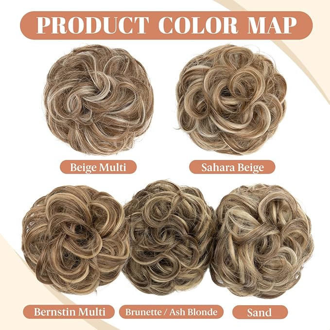 CJL HAIR 2PCS Messy Bun Hair Pieces Wavy Curly Synthetic Updo Chignon Fake Scrunchies Ponytail Extension for Women Sand