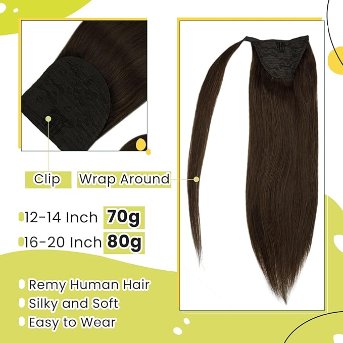 RUNATURE Human Hair Ponytail Extension Brown Straight Ponytail Hair Extensions Ponytail Extension Short Wrap Around Ponytail Human Hair Extensions Thick Pony Tails Hair Extensions 12 Inch 70g