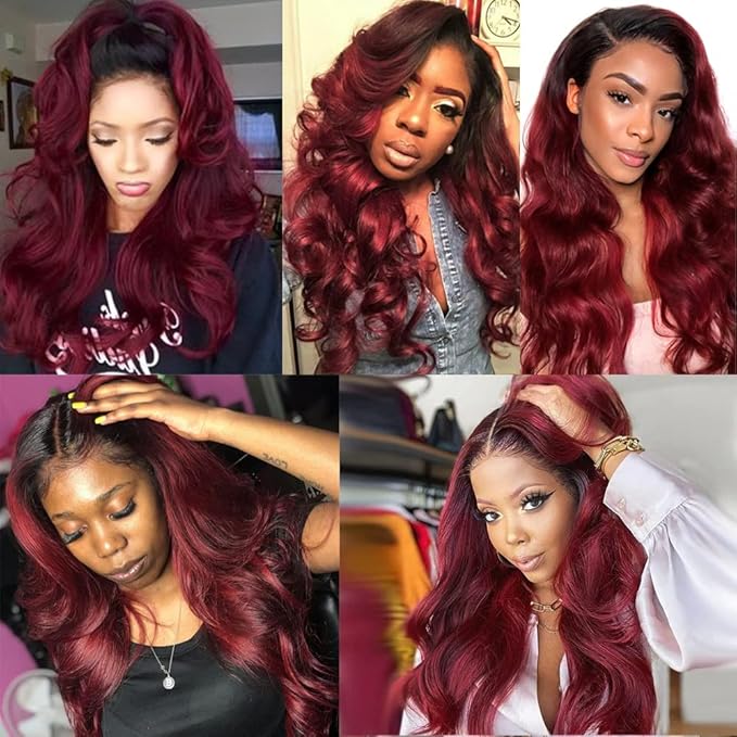 99j Bundles Human Hair Ombre Red Body Wave Bundle Niegmeag Brazilian Virgin Remy Hair 3 Bundles 18 20 22 Inch Double Weft 2 Tone Black and Burgundy Bundle Hair Weave