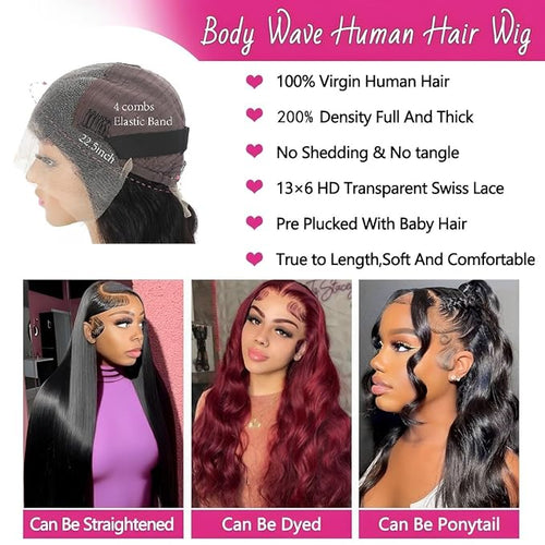18 Inch 13x6 Lace Front Wigs Human Hair 200 Density Body Wave HD Lace Front Wigs Human Hair Pre Plucked Natural Color Glueless Wig 100% Virgin Human Hair Lace Front Wigs for Women