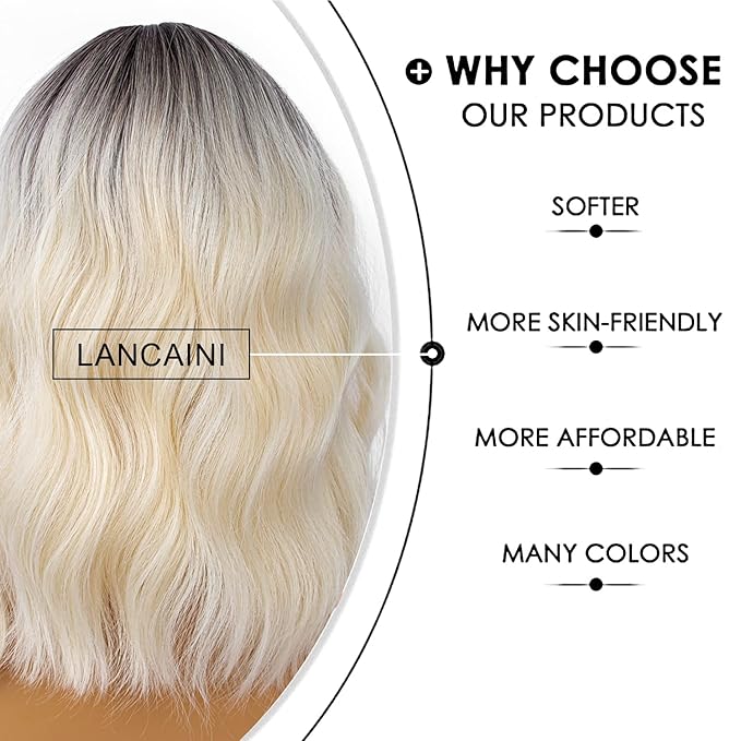Short Bob Wigs with Bangs for Women Loose Wavy Wig Curly Wavy Shoulder Length Bob Synthetic Cosplay Wig for Girl Colorful Costume Wigs (Light Blonde Ombre)