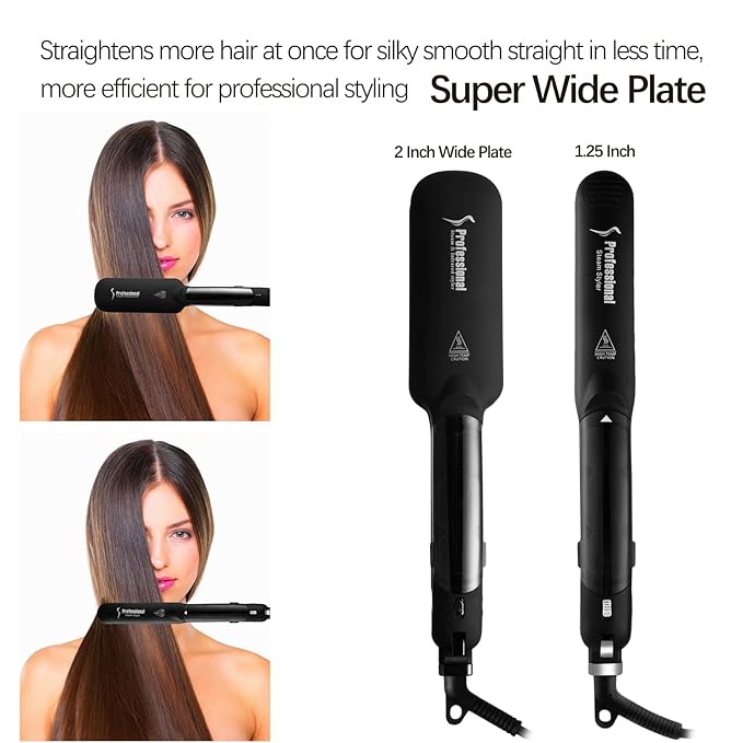 DORISILK Steam Hair Straightener and Curler Iron 2 in 1, Professional Salon Infrared Flat Iron Wide Tourmaline Ceramic Plate, Vapor Straighteners for Hair 450 Degrees Adjustable Temp, 2 Inch Black