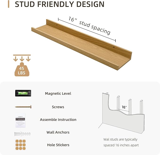 Picture Ledge Shelf, Wood Floating Shelves Set of 4, 24 inch Picture Ledge Shelves, Photo Ledge Nursery Book Shelves Wall Mounted for Living Room Kids' Room Bedroom, Color Oak