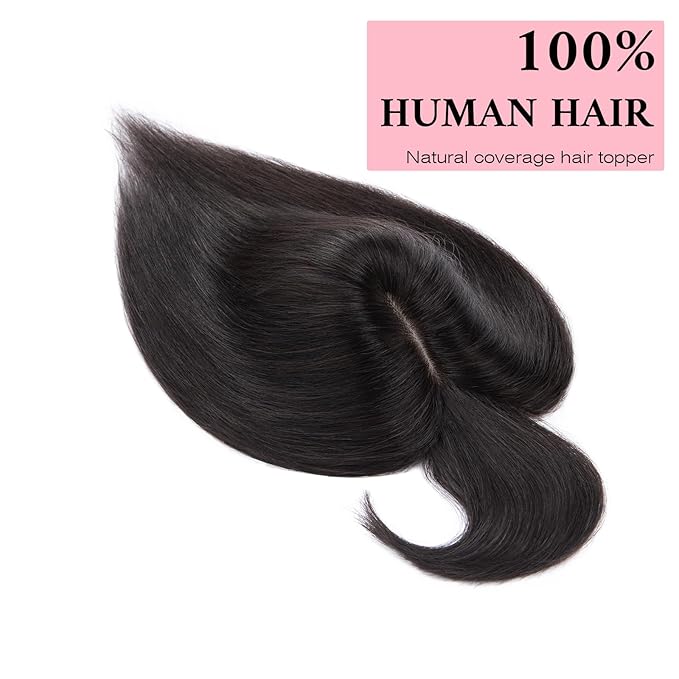 SEGO 100% Real Human Hair Toppers, with Air Bangs, Silk Base 150% Density, Clip in Topper, 2.7”x5.1”, HairPieces for Women, with Thinning/Hair Loss Cover Gray