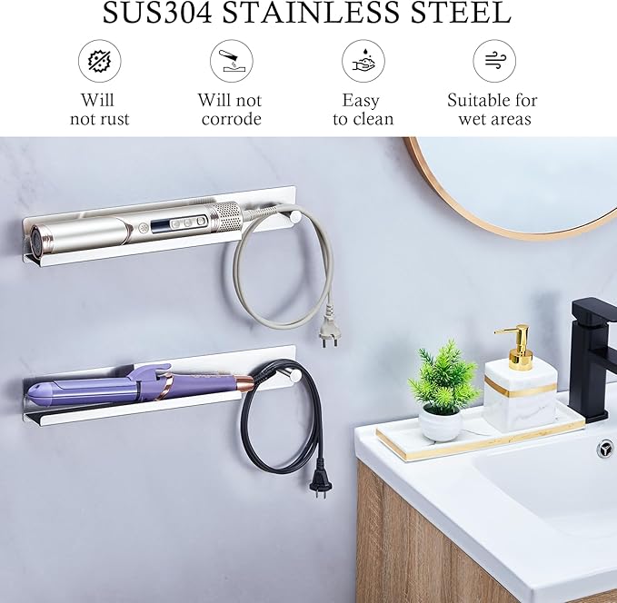 Hair Iron Holder Wall Mounted Curling Iron Holder Metal Hair Tool Organizer for Curling Wands Accessories Adhesive Hair Dryer Holder Straighteners Holder for Bathroom Barber Shops Vanity (Sliver)