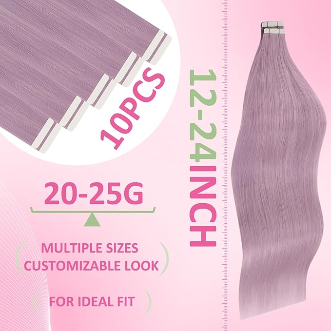 YoungSee Human Hair Tape in Extensions Purple Tape in Hair Extensions Lavender Real Hair Tape-in Extension Light Purple 12In Tape on Hair Extension for Party 20g 10pcs
