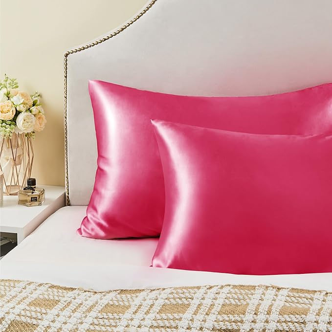 BEDELITE Satin Pillowcase with Zipper, Hot Pink King Size Pillow Cases Set of 2, Super Soft and Cooling Similar to Silk Pillow Cases, Gift for Women Men(20x40 Inches)