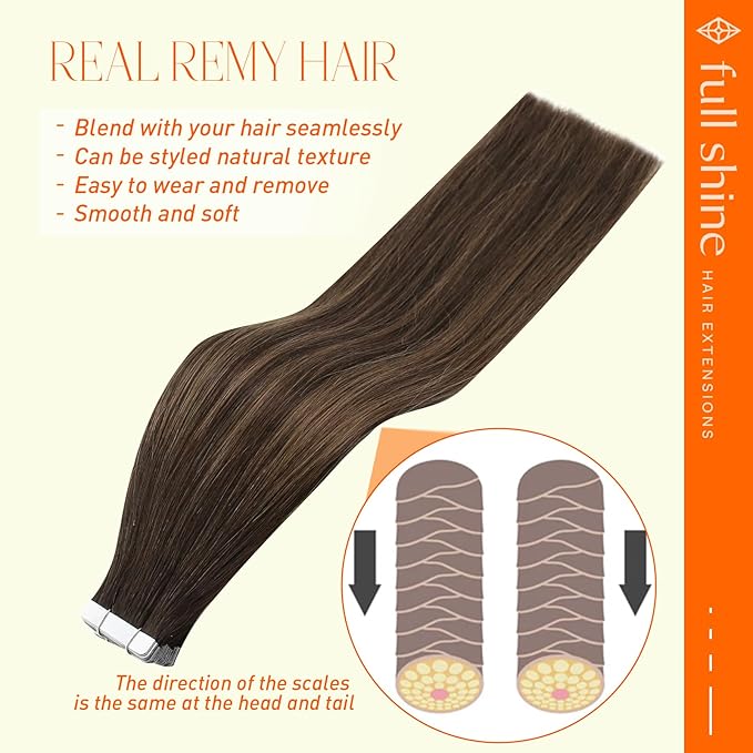 Full Shine Tape in Hair Extensions 14Inch Real Human Hair Extensions Tape in Color 2 Darkest Brown to 8 Ash Brown And 2 Seamless Invisible Skin Weft Tape Extensions 50G 20Pcs Straight Hair Extensions