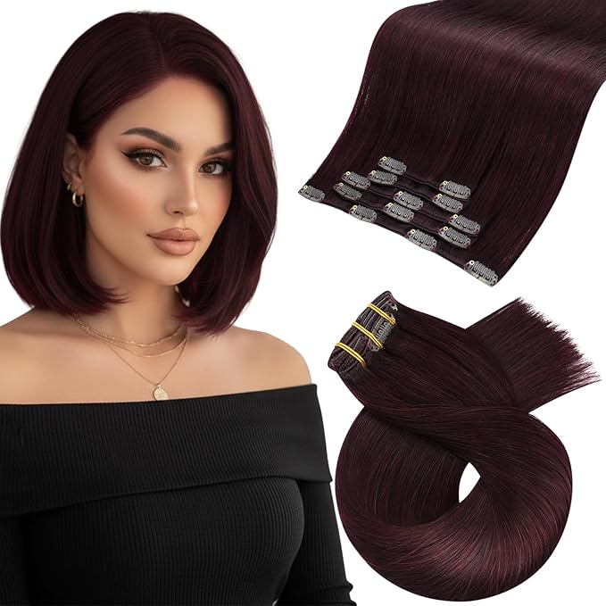 Moresoo Dark Red Clip in Hair Extensions Real Human Hair Red Human Hair Extensions Clip ins Burgundy Short And Straight 80g/5pcs 10 inch