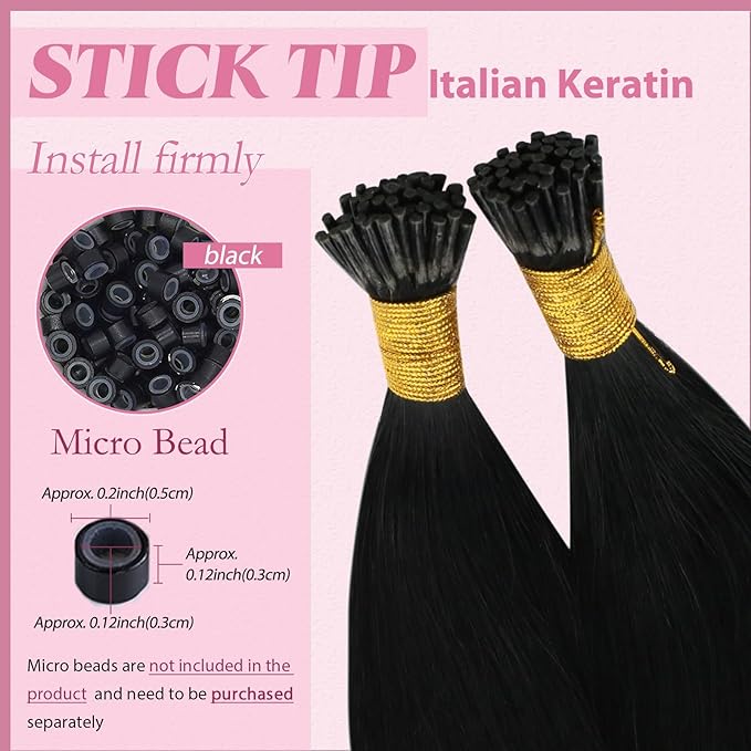 YoungSee I Tips Hair Extensions Human Hair Black Itip Hair Extensions Real Human Hair Jet Black 14 Inch 50g I Tip Hair Extension for Short Hair Easy to Wear 80s Remy Human Hair