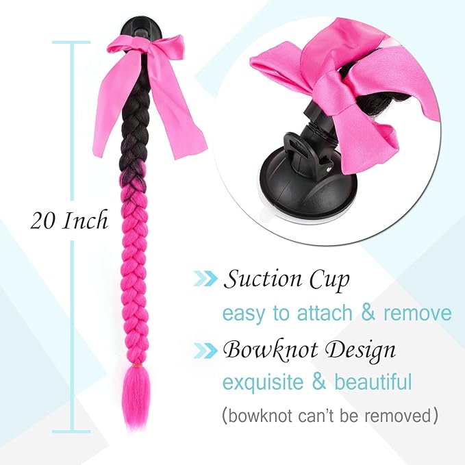 SEGO 1PCS/2PCS Helmet Pigtail Braids with Detachable Suction Cup Bowknot Ponytail Hair Many Colors (Helmet not Included)