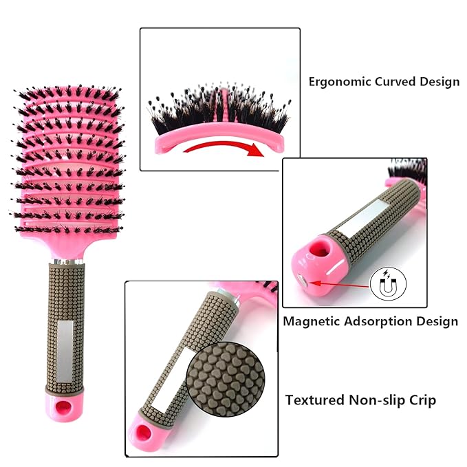 2 Pack Boar Bristle Hair Brush - No Pull Curved Vented Detangler for Fast Blow Drying - For Kids, Men, Women With Wet Dry Long, Thin, Thick, Curly Tangled Hair (Pink+Blue)
