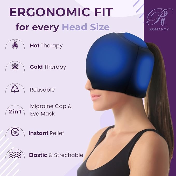 2-in-1 Migraine Relief Cap with Detachable Eye Mask – Hot & Cold Therapy Headache Hat for Migraines, Sinus Pressure, Tension & Stress Relief – Reusable Gel Ice Pack, Light Blocking, Comfortable Fit