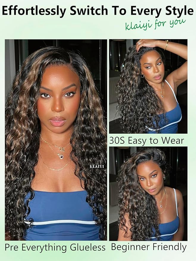 KLAIYI Golden Brown Water Wave Bye Bye Knots Glueless Wig Human Hair Highlight 7x5 Precut Lace Front Pre Plucked Bleached Ombre 3S Ready to Wear Go Beginners Wig with Dark Roots Deep Curly Wave 26Inch