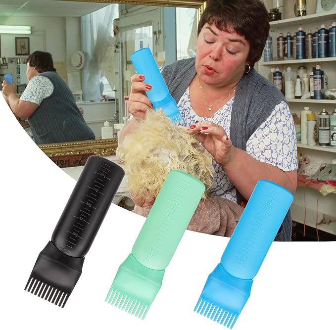 Cosywell 3 Pack Hair Oil Applicator Bottle 6 Ounce Root Comb Applicator Bottle Hair Dye Applicator Brush for Hair Root Comb Color with Graduated Scale(Black Blue Green)