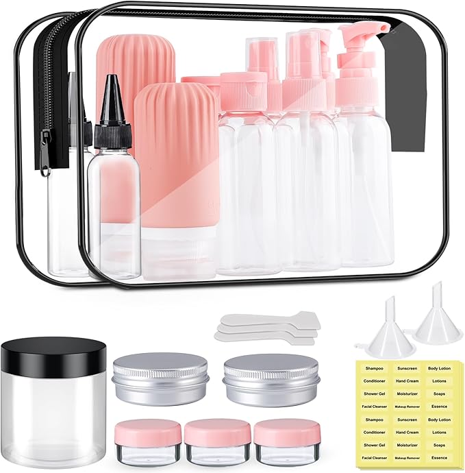 Travel Size Bottles for Toiletries 25Pack TSA Approved Toiletry Bottles Leak Proof Travel Kit with Clear Toiletry Bag Lotion Skincare Shampoo Cosmetic Container