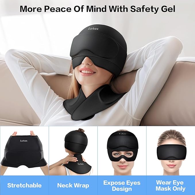 3 in 1 Migraine Relief Cap Neck Ice Pack Wrap Gel and Ice Eye Masks, Detachable Ice Caps with Eyes Masks, Hot and Cold Therapy for Relief of Headaches, Stiff Neck and Eye Fatigue