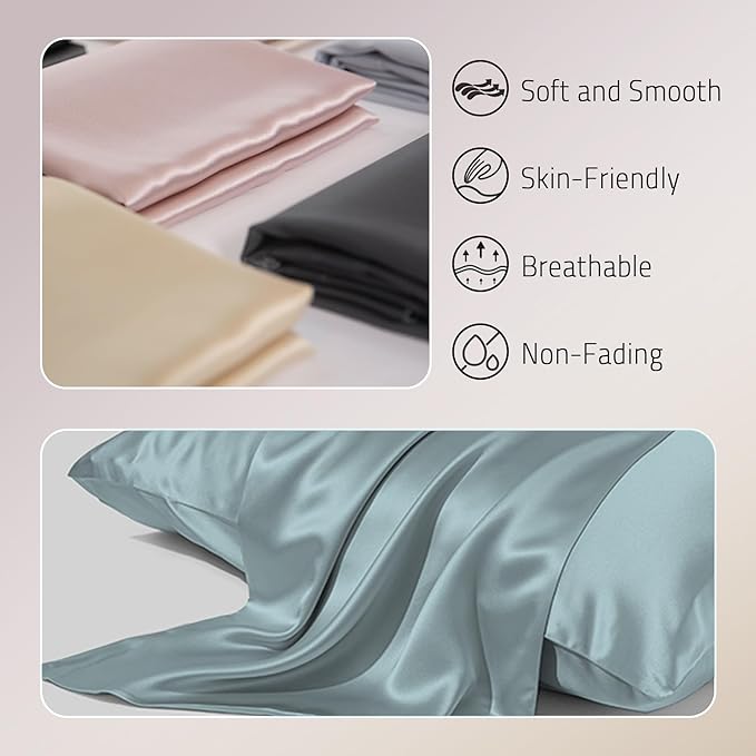 Mulberry Silk Pillowcases Set of 2, Both Sides Real Silk Pillowcase for Hair and Skin Prevent Acne Pillowcase Organic Silk Pillow case 2 Pack with Hidden Zipper, Haze Blue, Standard (20"×26")