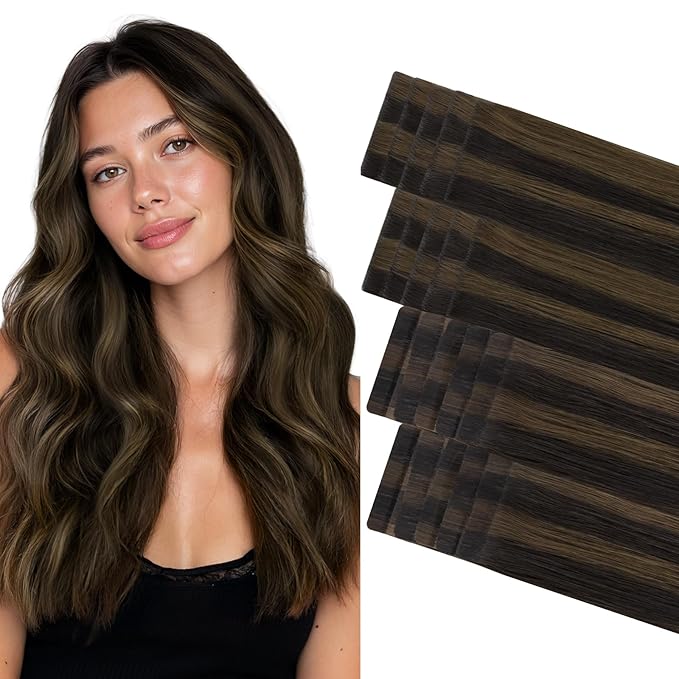 GOO GOO Invisi Edge Tape in Hair Extensions Human Hair, 2/6 Dark Brown Highlighted Chestnut Brown 10pcs injected with 10pcs classical tape ins, 24inch 50g, Virgin Remy Hair, Natural Look