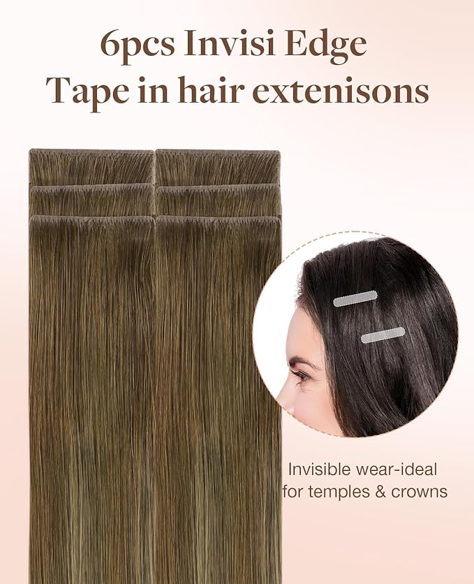 GOO GOO Invisi Edge Tape in Hair Extensions Human Hair, 3/8/613 Balayage Walnut Brown to Ash Brown and Bleach Blonde, 6pcs 14inch 15g, Virgin Remy Hair, Seamless Injected Tape, Natural Look