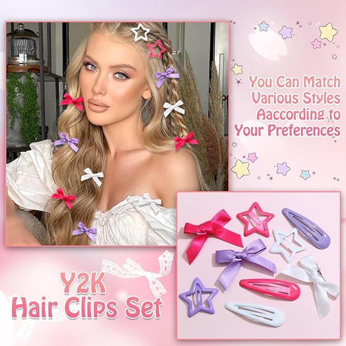 36Pcs Hot Pink Mini Hair Bows Purple Star Snap Hair Barrettes for Women White Water Drop No Slip Hair Clips Small Bow Hair Clips Star Bowknot Hair Accessories for Teens Girls