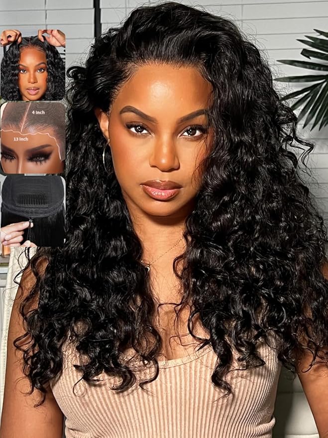 KLAIYI Water Wave Pre Everything Glueless 13x4 Lace Front Wigs Human Hair Precut Lace Pre Plucked Pre Bleached Bye Bye Knots Curly Wear and Go Beginners Wig with Drawstring 30S Ready to Wear 22Inch