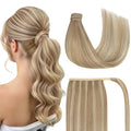 Ve Sunny Hair Extensions Ponytail Real Human Hair Wrap Around Clip in Ponytail Hair Extensions Straight Extensions Human Hair for Women Dark Blonde Highlights Golden Blonde 20inch 80G