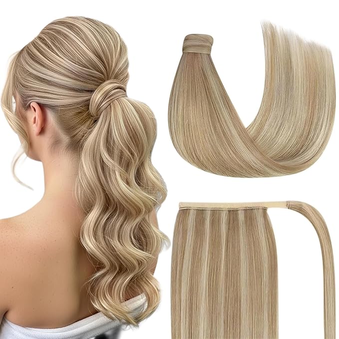 Ve Sunny Hair Extensions Ponytail Real Human Hair Wrap Around Clip in Ponytail Hair Extensions Straight Extensions Human Hair for Women Dark Blonde Highlights Golden Blonde 22inch 80G