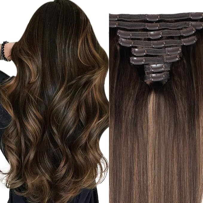 Straight Clip In Hair Extensions Real Human Hair 8Pcs Clip In Balayage Dark Brown to Chestnut Brown Human Hair Extensions with 18Clips Lace Weft 120g 20inch