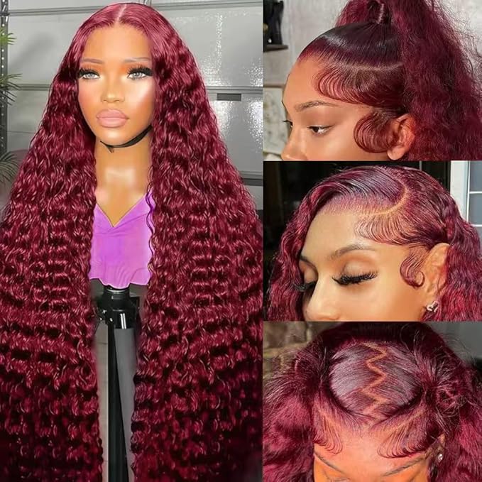 28 Inch Burgundy Wig Human Hair 13x6 Deep Wave Lace Front Wigs 200 Density 99j Burgundy HD Lace Front Wigs Human Hair Pre Plucked Red Colored Deep Curly Wig for Women