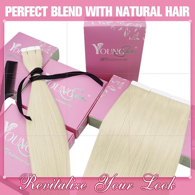 YoungSee Tape in Extensions Platinum Blonde Human Hair Tape in Extensions Blonde Tape in Hair Extensions Human Hair Invisible Tape-in extension Real Human Hair 20 Inch 50g Tapes Extension for Wedding