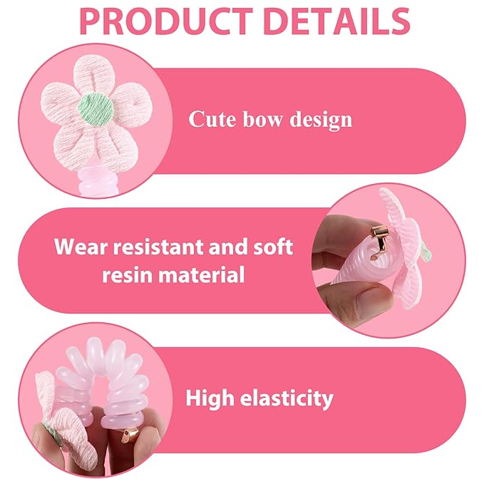 4PCS Spiral Hair Ties with Cloth Flower, 4 Colors Floral Phone Cord Ponytail Holders for Women, Elegant Rubber Hair Coils, Stylish Hair Accessories for Party, Daily Use