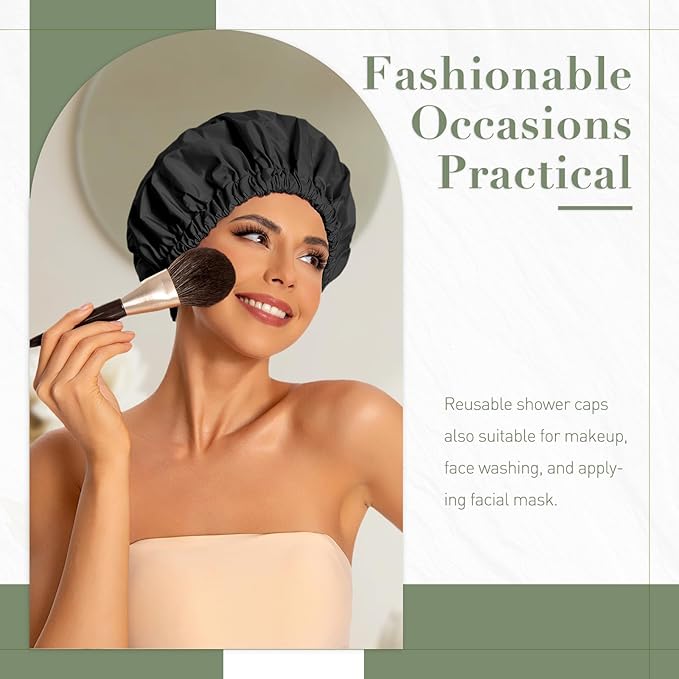 Reusable Shower Cap for Women, Large Waterproof Shower Bonnet Washable Elastic Band Bath Accessories Hair Hat for Long Hair, Braids(Black&Purple)