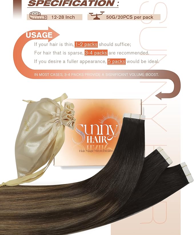 Sunny Hair Tape in Hair Extensions Real Human Hair Invisible Remy Hair Extensions Tape ins for Women Natural Black Ombre Dark Brown Balayage Ash Blonde 12 inch 20Pcs