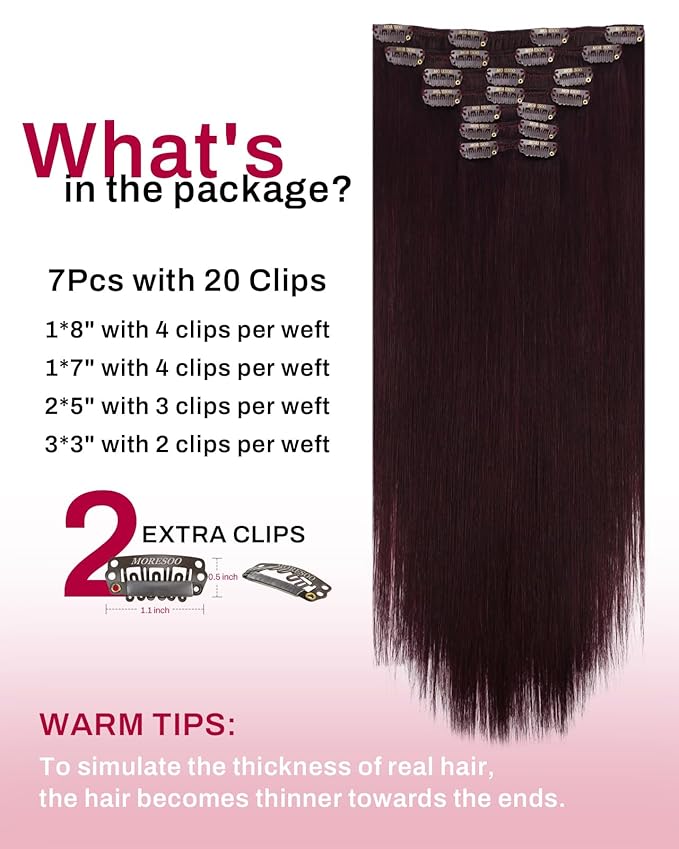 Moresoo Burgundy Clip in Hair Extensions Red Human Hair Clip in Extensions 20 inch Dark Red Remy 150g/7pcs 20 inch