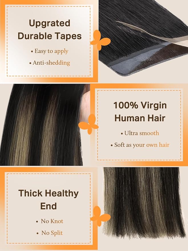 DOORES Human Hair Extensions Tape in, Balayage Natural Black to Light Blonde 14 Inch 40pcs 100g, Tape in Remy Human Hair Extensions Hair Extensions Straight Hair