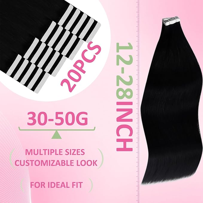 YoungSee Invisible Tape in Hair Extensions Black Tape in Extensions Real Human Hair Jet Black 22 Inch Tapes on Hair Extension 20pcs 50g Real Human Hair Extension Tape-in Long-Lasting Hold Hair